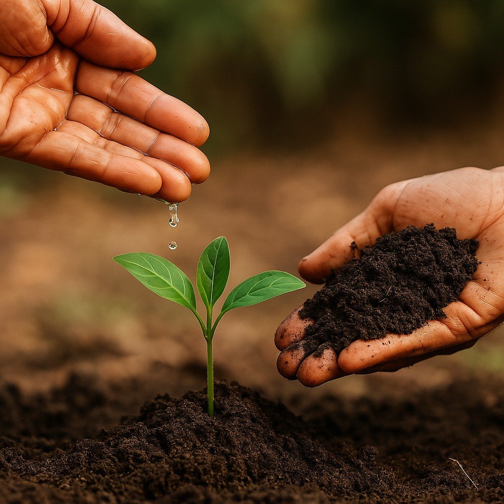 Hands nurturing a young plant with water and soil, symbolizing generosity and growth.